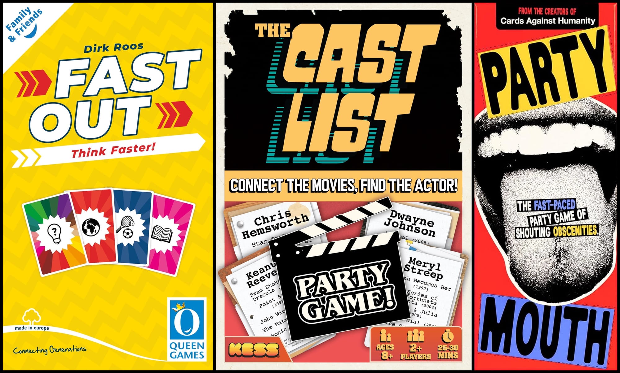 Front covers of Fast Out, The Cast List, and Party Mouth