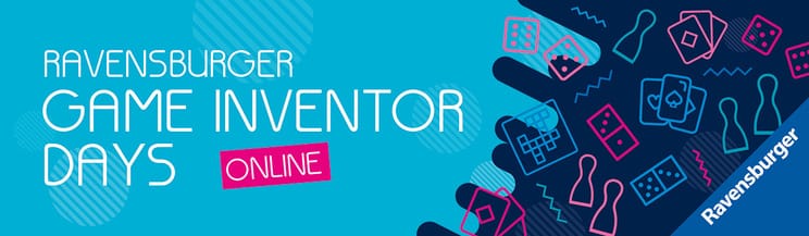 Depicted: line drawings of game pieces next to the Ravensburger logo, with this text: "Ravensburger Game Inventor Days online"