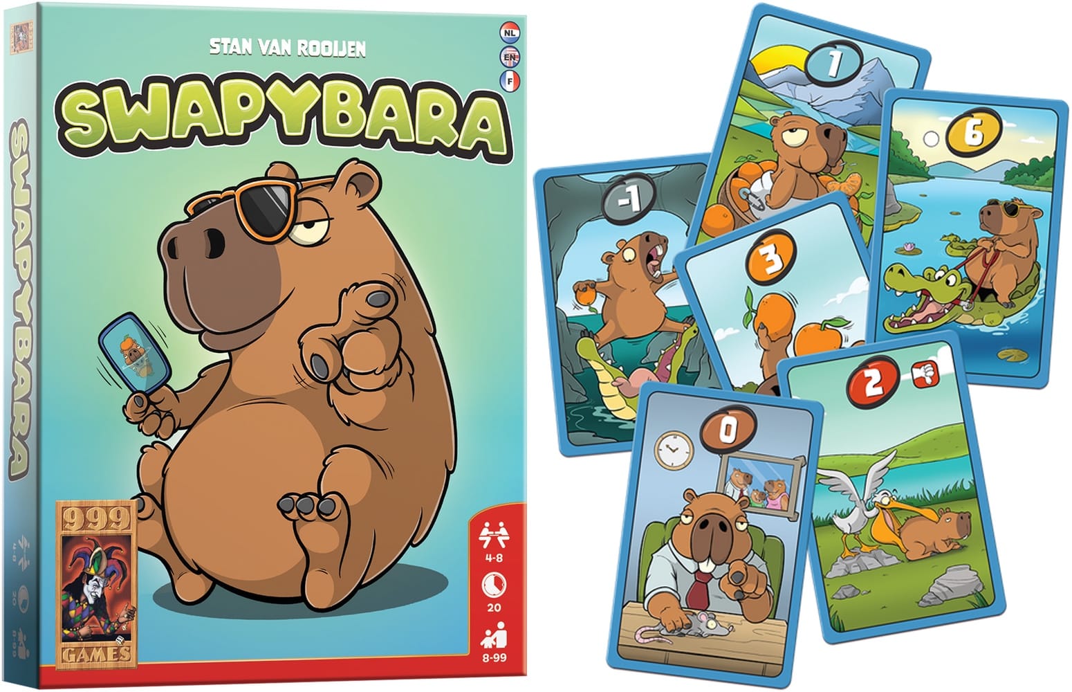 Front cover of the card game Swapybara, along with sample cards