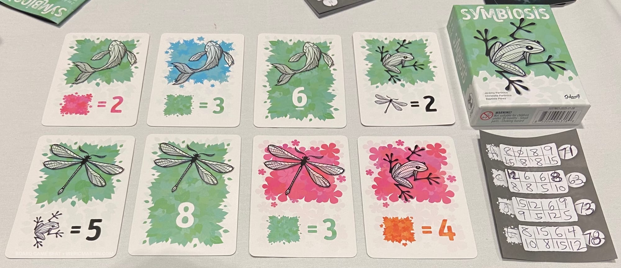 A player's final eight-card pond, as well as a filled score sheet