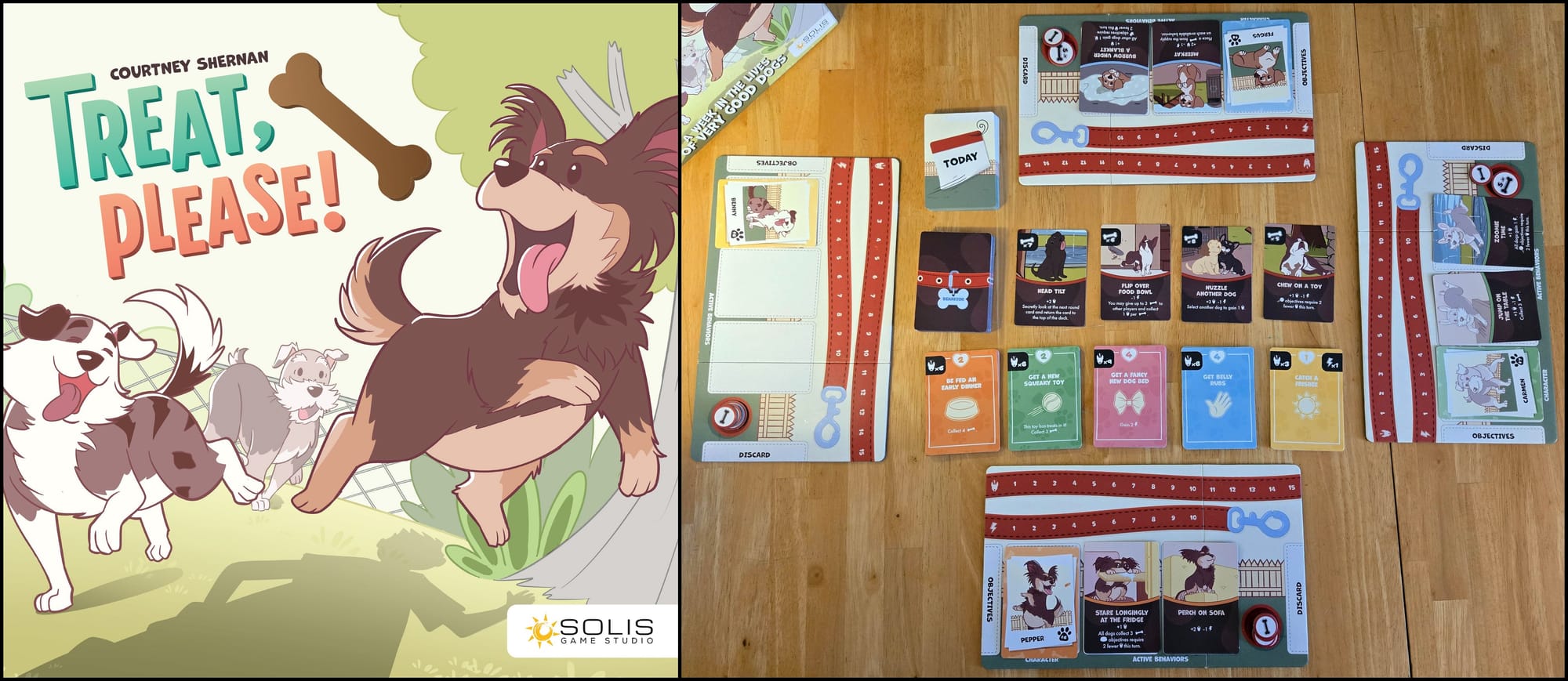 On the left: the cover of the game Treat, Please!; on the right: components on the table, with each player having a pet and space to play behaviors, with rows of behaviors and objectives in the middle of the table