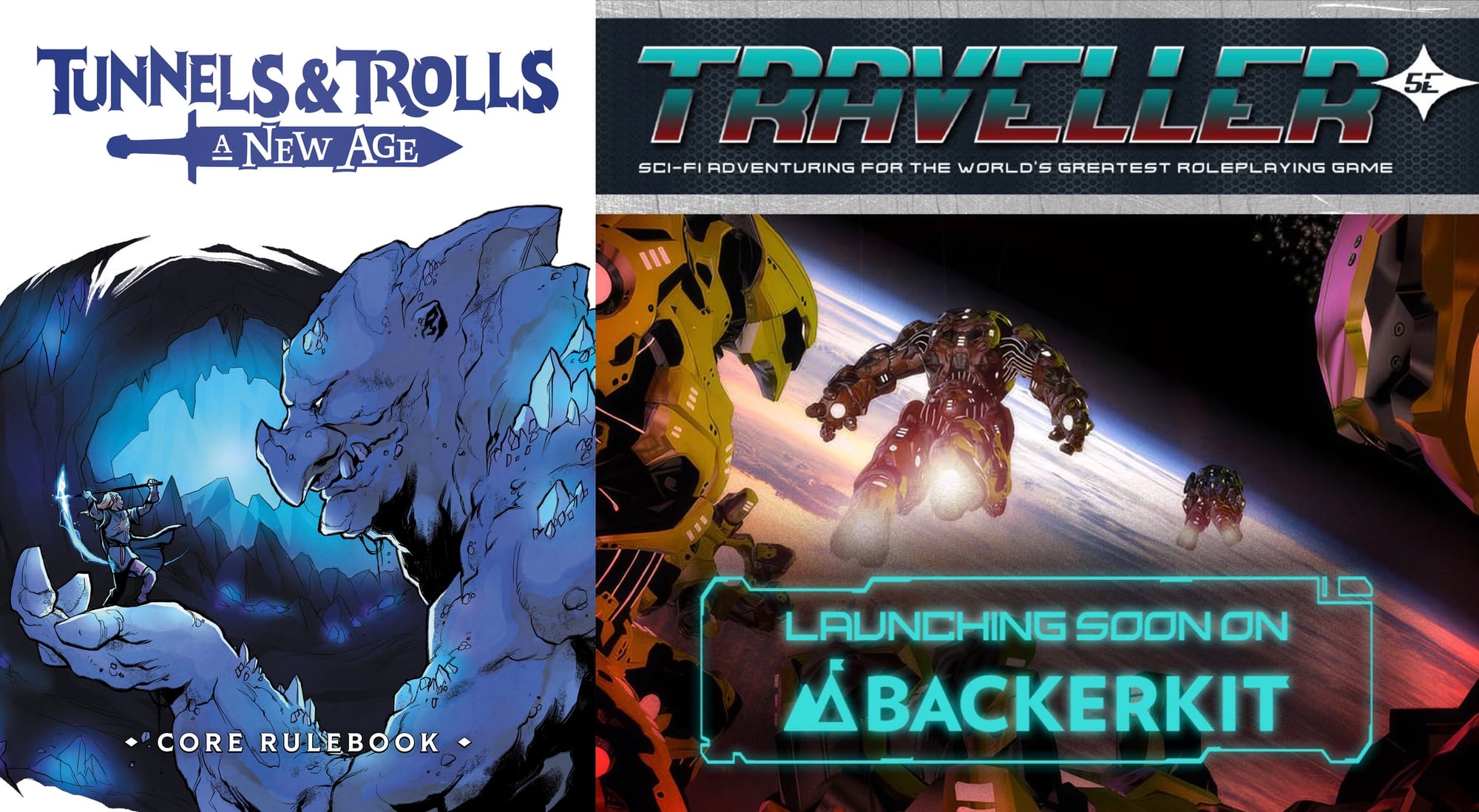 On the left: the front cover of the core rulebook for Tunnels & Trolls: A New Age RPG; on the right: a promotional image for the Traveller 5E RPG