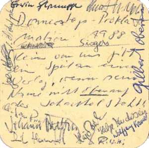 An image of the beer coaster featuring the proclamation and signatures of thirteen creators