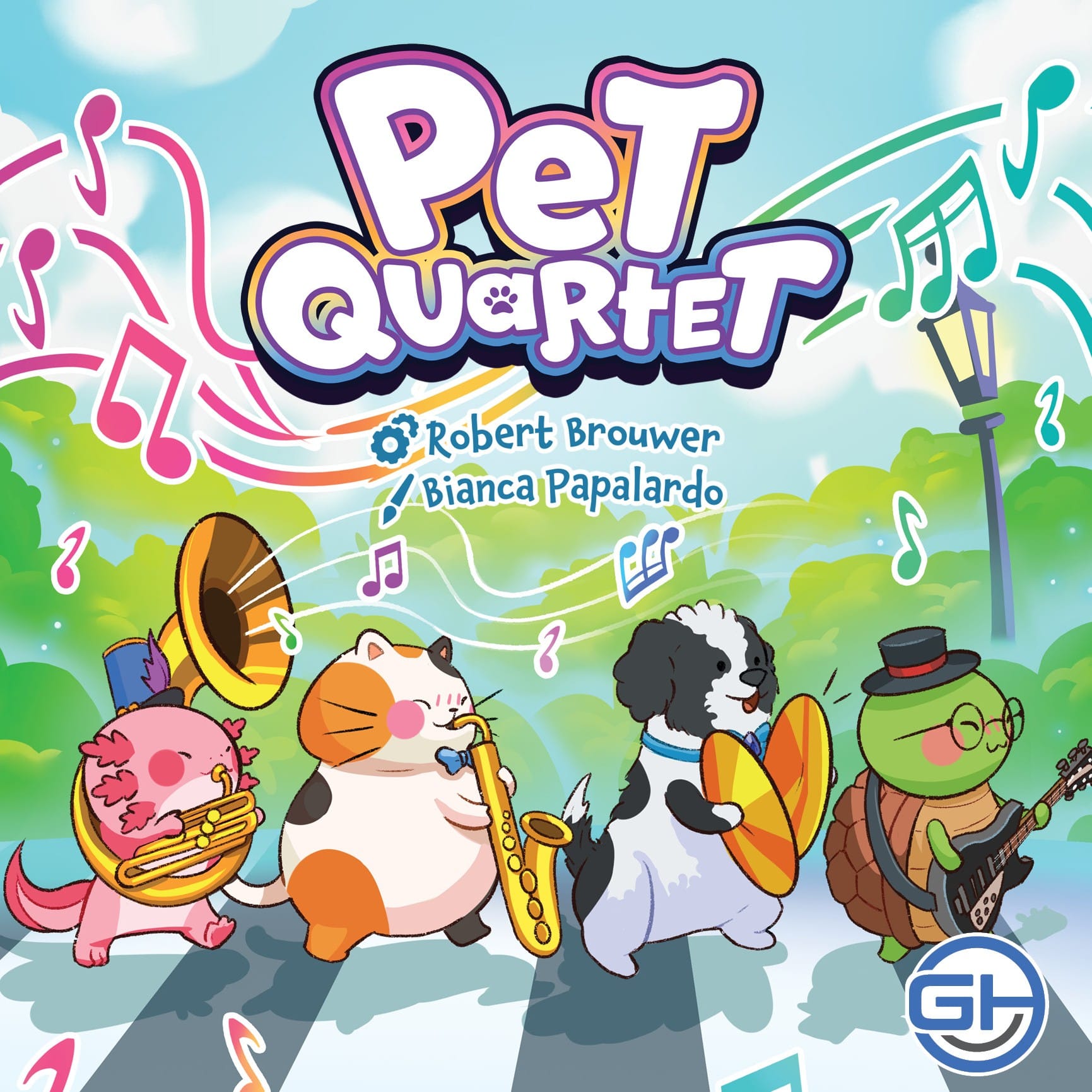Front cover of Pet Quartet, which shows animals playing instruments while marching in a line