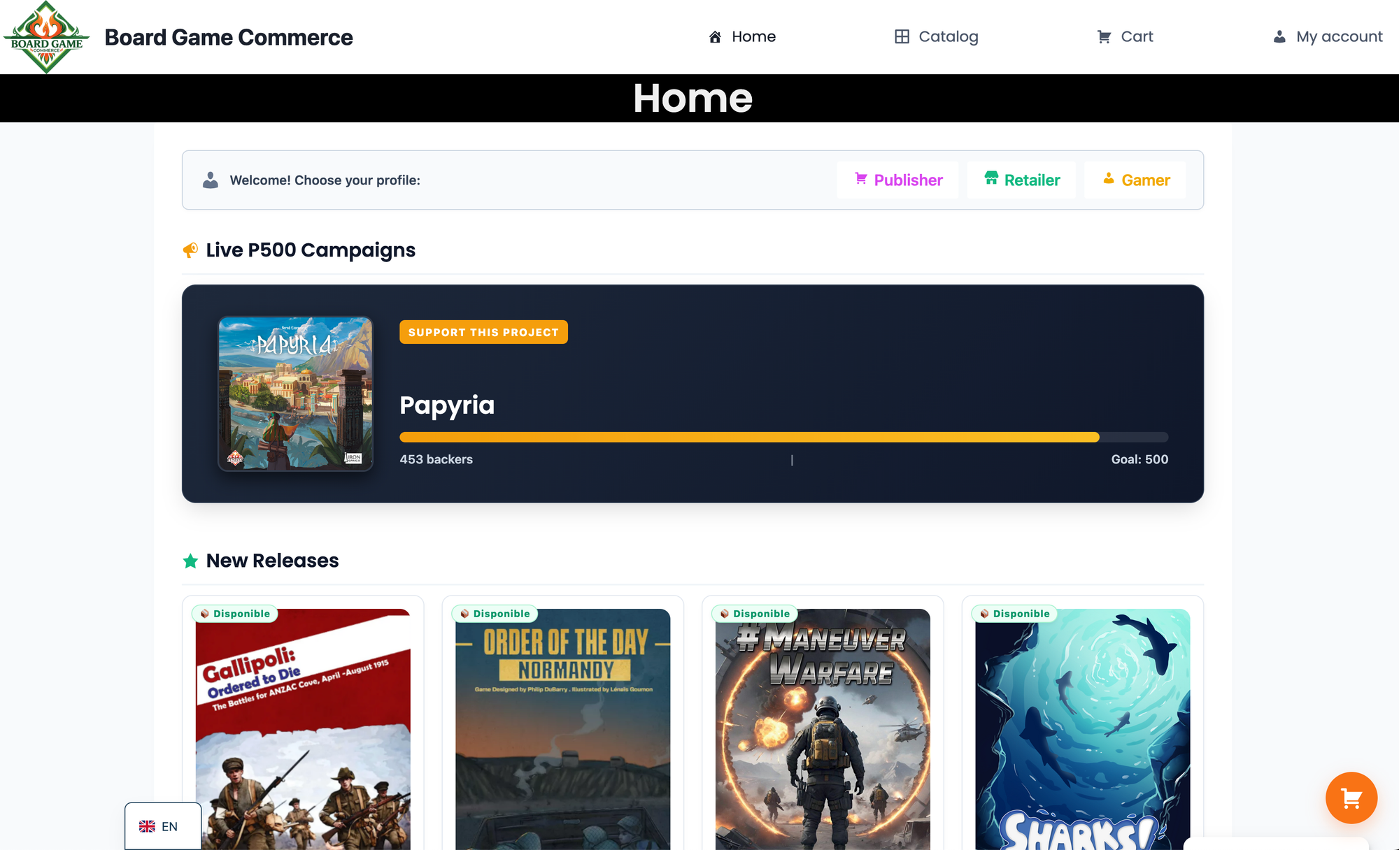 A screenshot of the Board Game Commerce website showing one P500 title for which gamers can pledge support, along with other games ready to be purchased