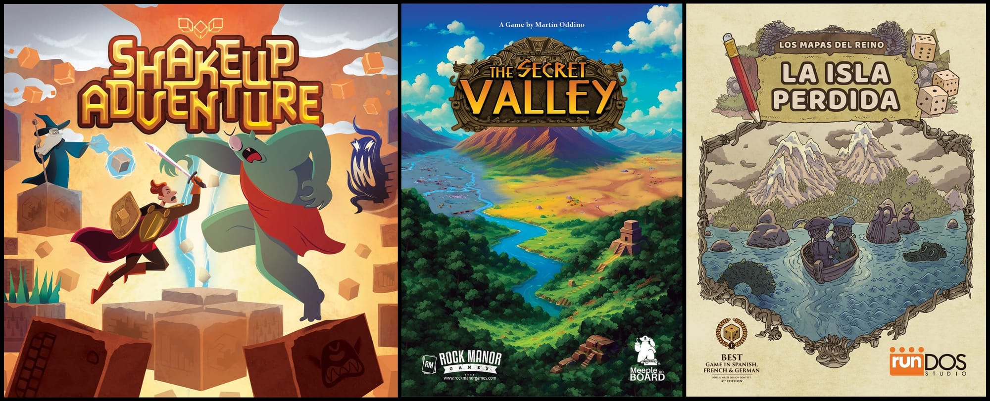Front covers of Shakeup Adventure, The Secret Valley, and La Isla Perdida (which will be released as The Lost Island)