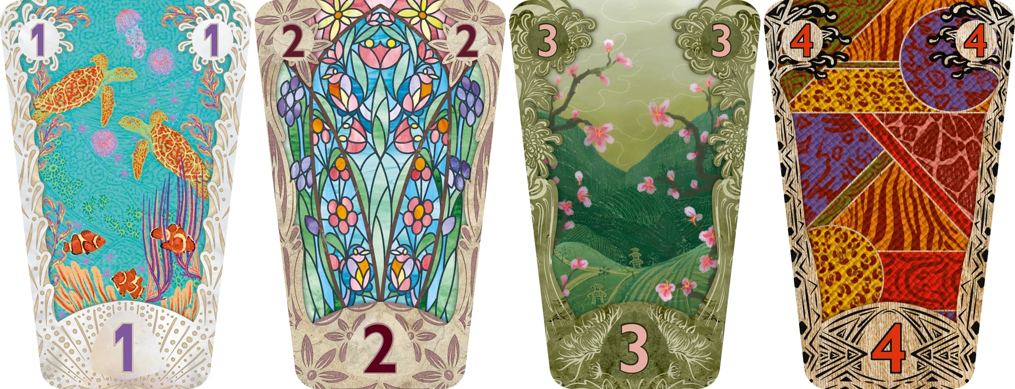 Four cards numbered 1-4, each showing a different fabric design