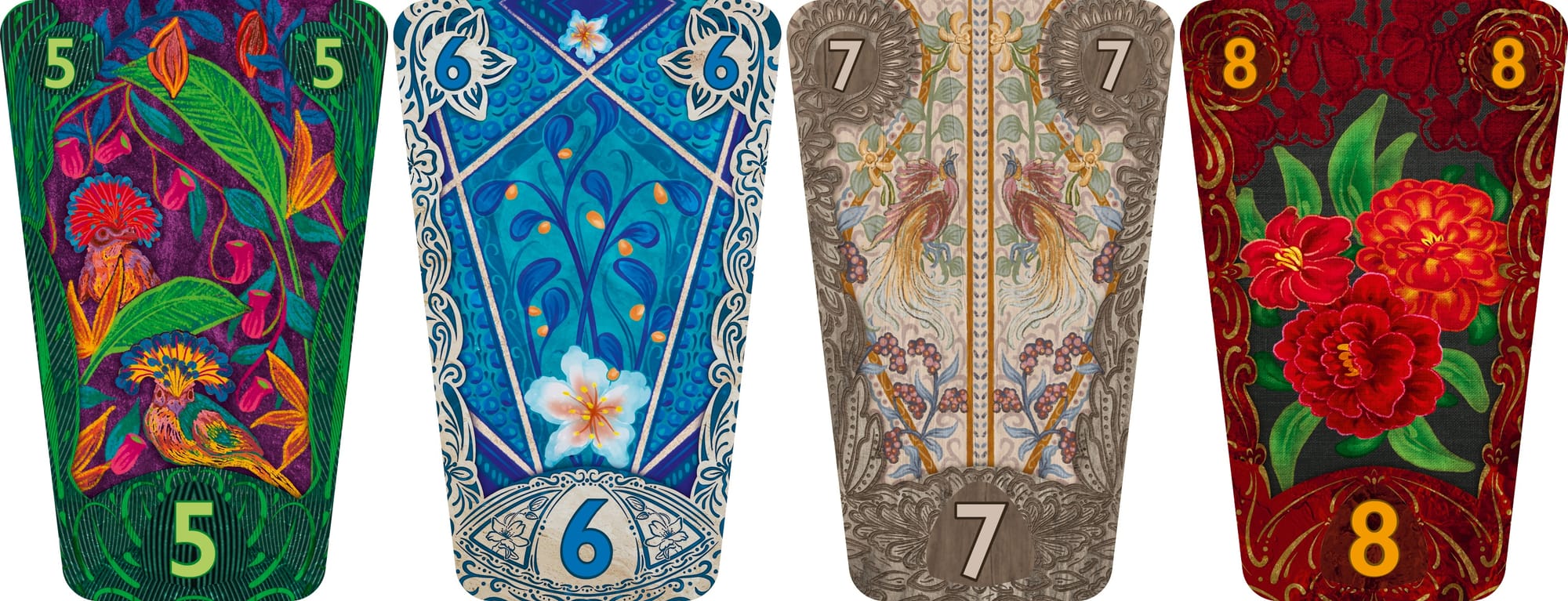 Four cards numbered 5-8, each showing a different fabric design