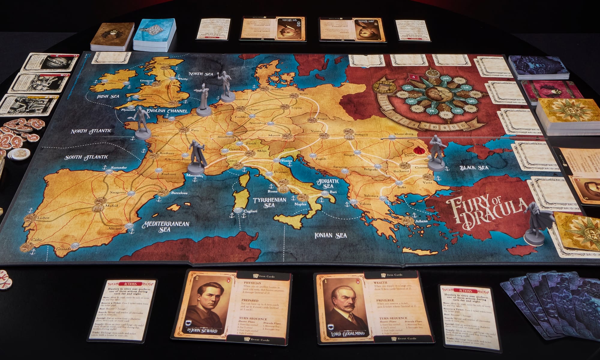 Game board and components in the fifth edition of Fury of Dracula set up for play