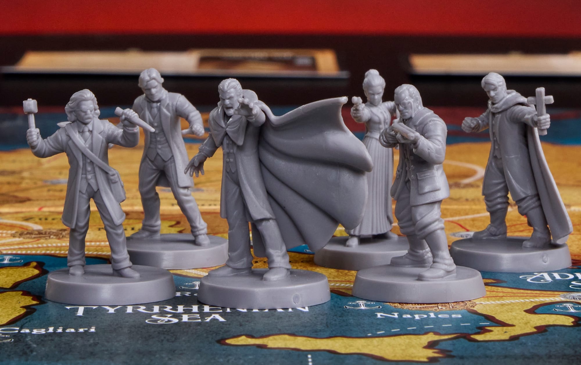 The six miniatures that represent characters in the game