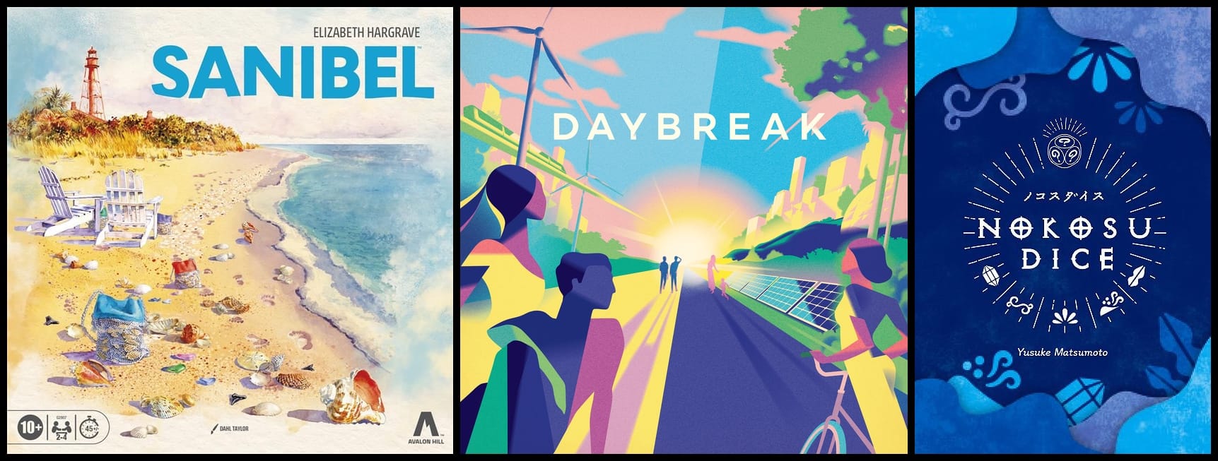Front covers of Sanibel, Daybreak, and Nokosu Dice