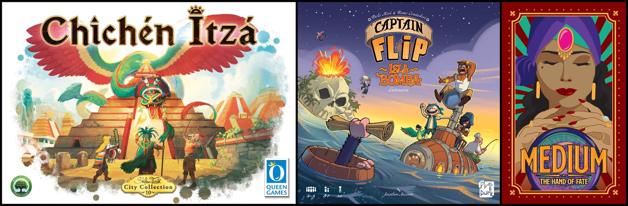 Front covers of Chichén Itzá, Captain Flip: Isla Bomba, and Medium: The Hand of Fate