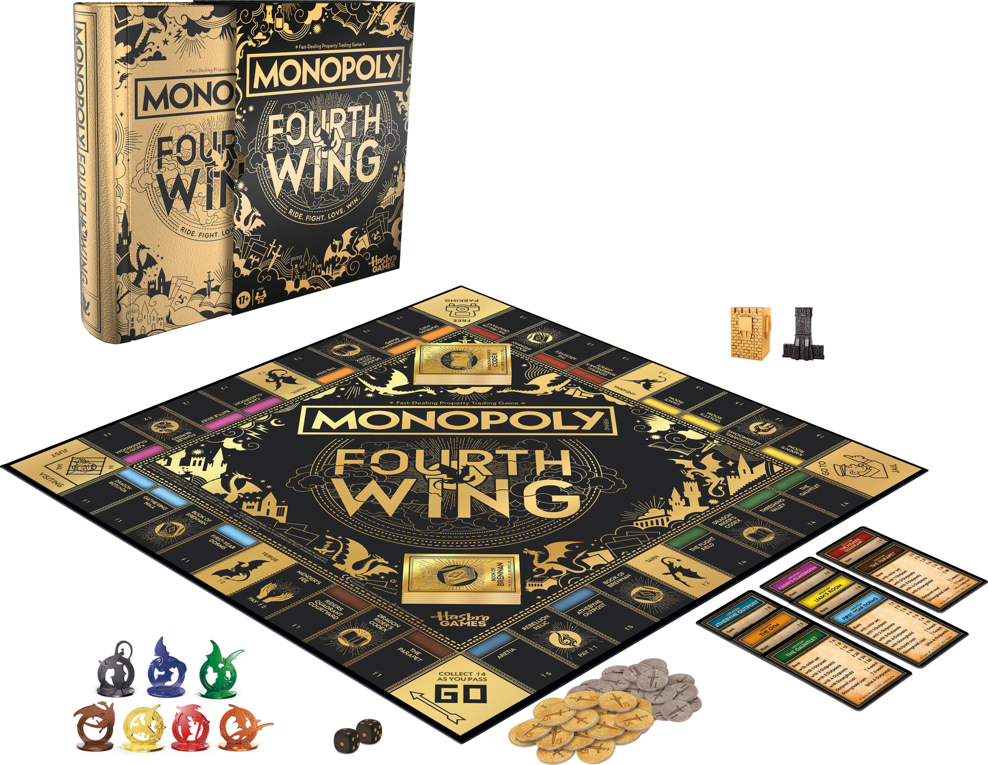 Box and components of Monopoly: Fourth Wing