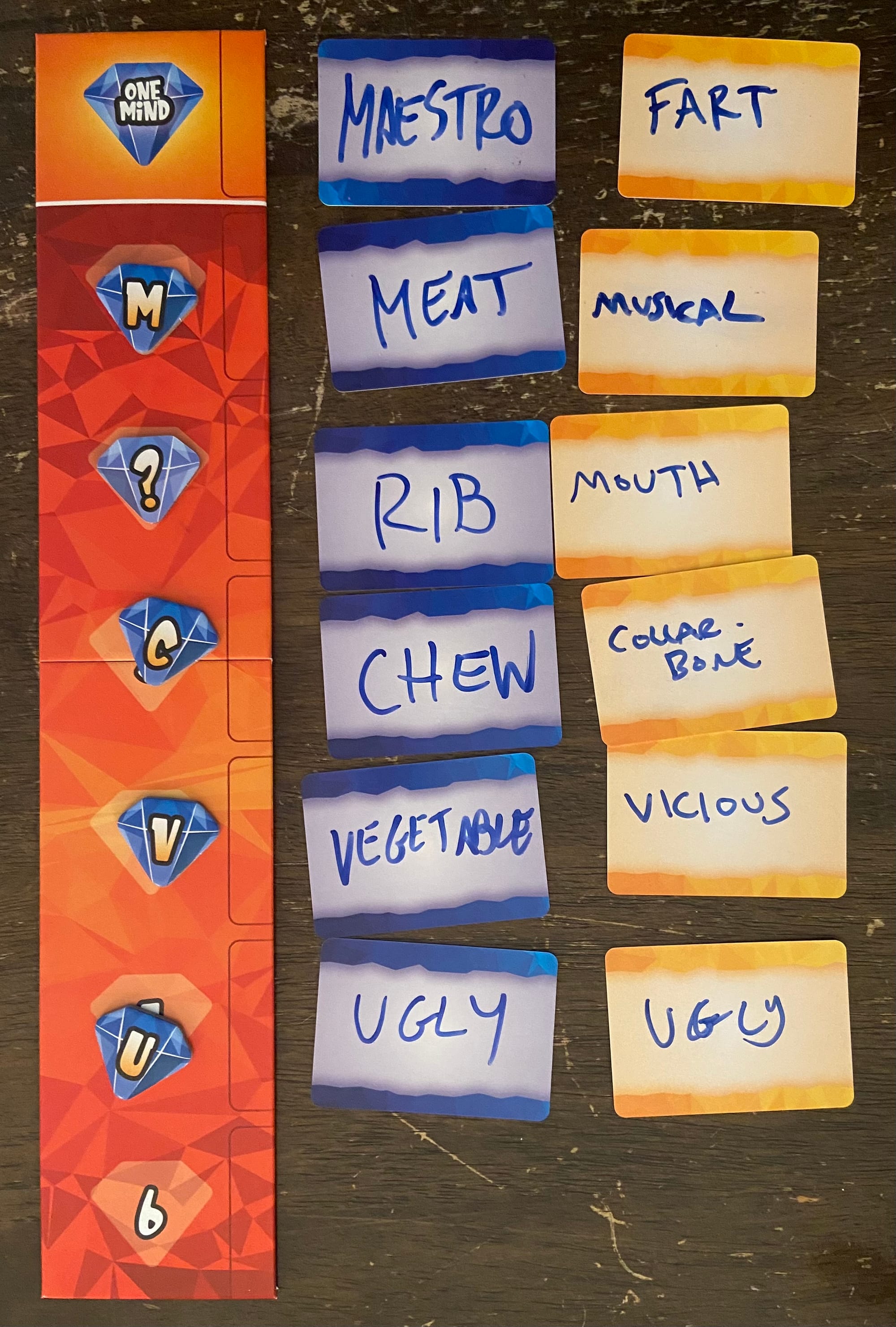 The words "maestro" and "fart" are in the top row, with the next row containing "meat" and "musical", followed by "rib" and "mouth", followed by "chew" and "collarbone", followed by "vegetable" and "vicious", followed by the word "ugly" twice