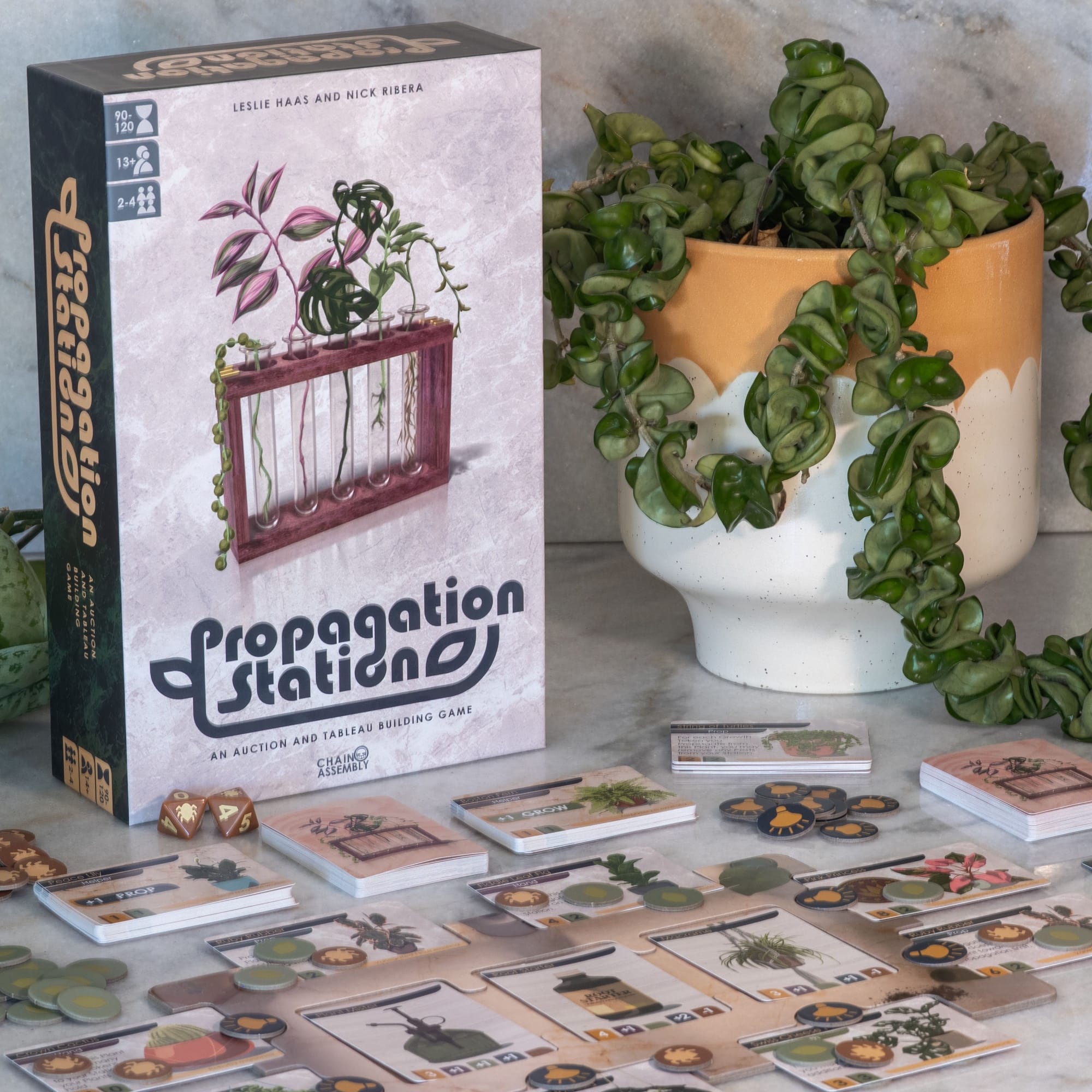 Box and components in Propagation Station, accompanied by a decorative plant