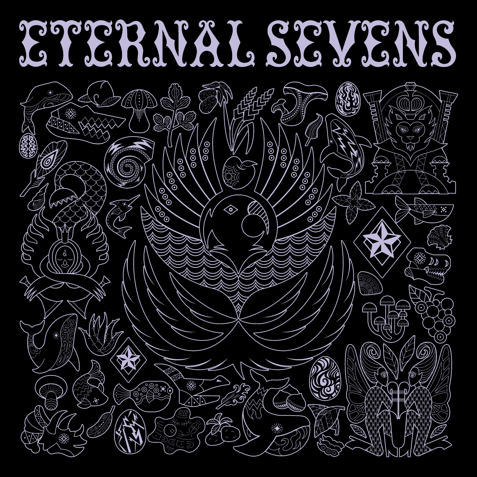 Front cover of the game Eternal Sevens, which is mostly black with light purple line drawings