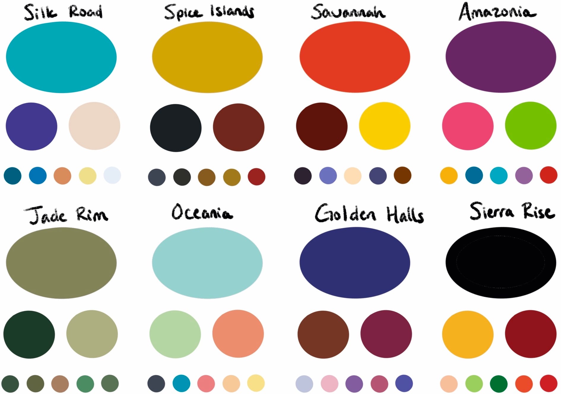 Eight color palettes are presented, each with a main color, two secondary colors, and five tertiary colors