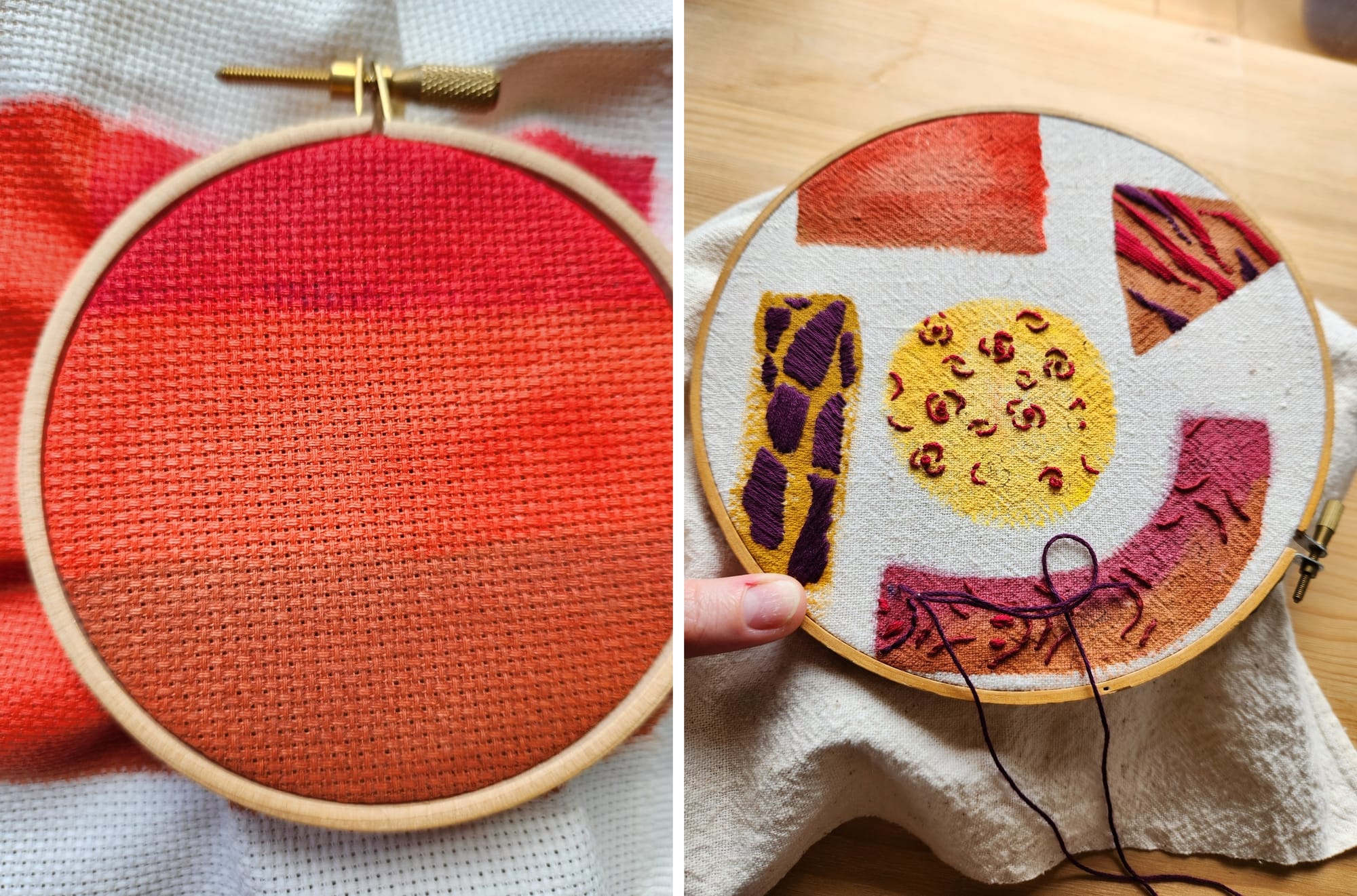 On the left, painted fabric stretched in a cloth frame; on the right, different styles of stitching on painted backgrounds