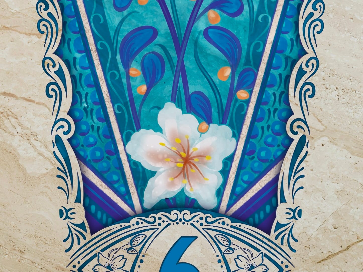 A detail of card #6, with the markered image described above surrounded by a cream border