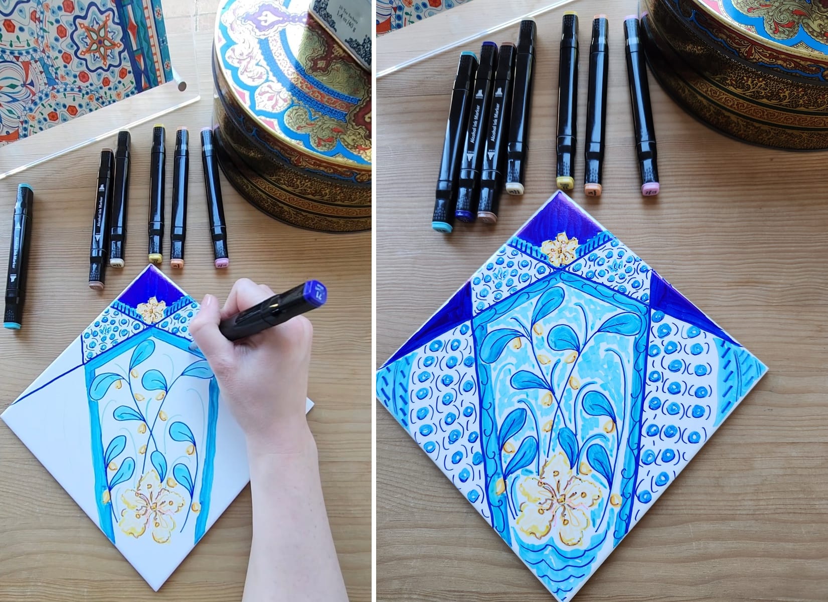 On the left, a hand holds a marker, and on the right, the marker drawing is complete, showing cream flowers against blue leaves, with a raised dotted pattern in the surrounding areas