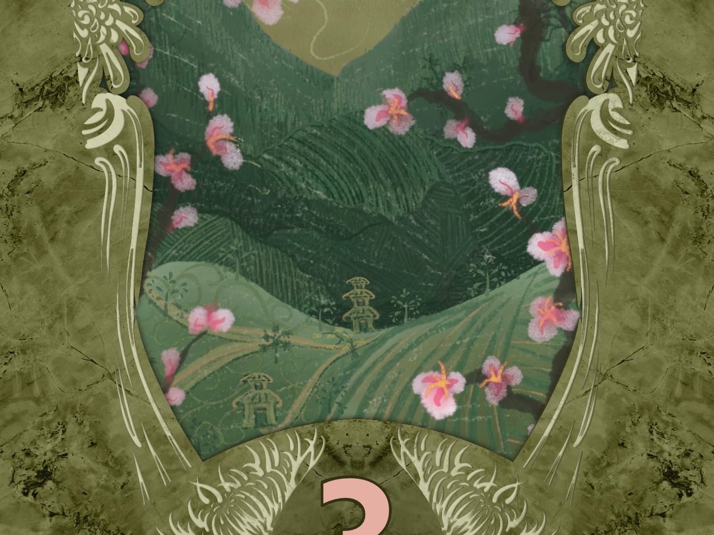 A detail on card #3, with the ink painting incorporated into the overall illustration, which shows rolling green hills with a few small huts