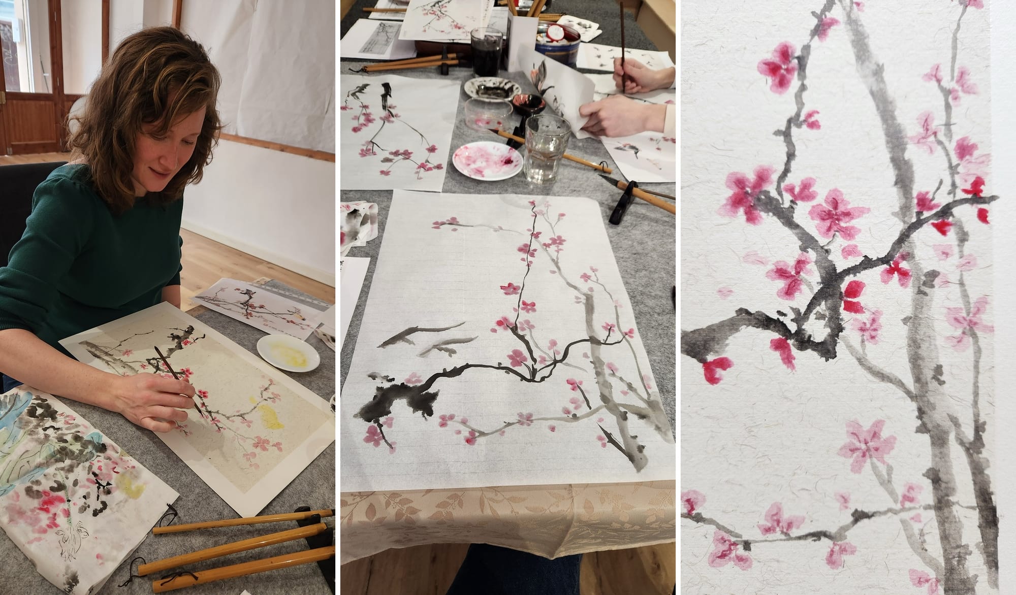 On the left, Miriam does an ink painting with pink flowers on black limbs; in the middle and on the right, two views of the painting, with the right one being extremely close up