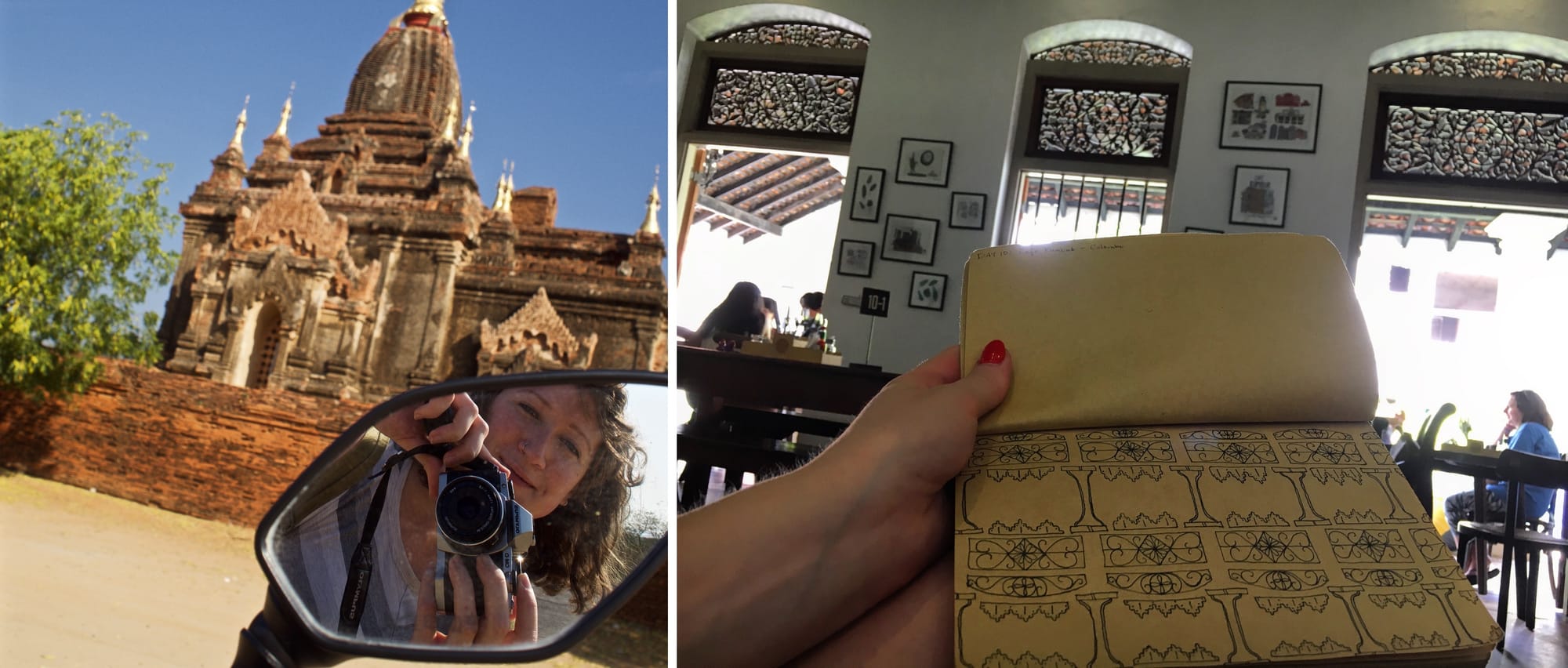 On the left, a picture taken in Myanmar, with Miriam visible in a car's side mirror in front of an elaborate structure; on the right, ink drawings in a sketchbook in Sri Lanka