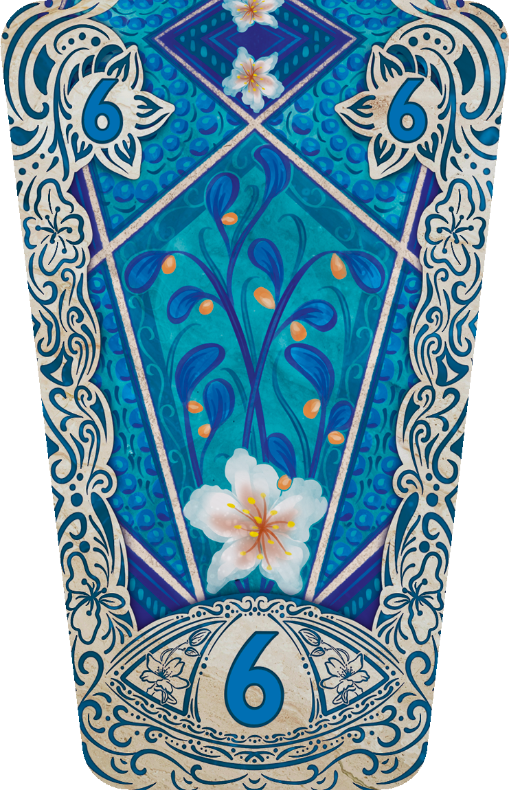 Card #6, with fancy scrollwork along the sides and bottom in blue ink on a cream background