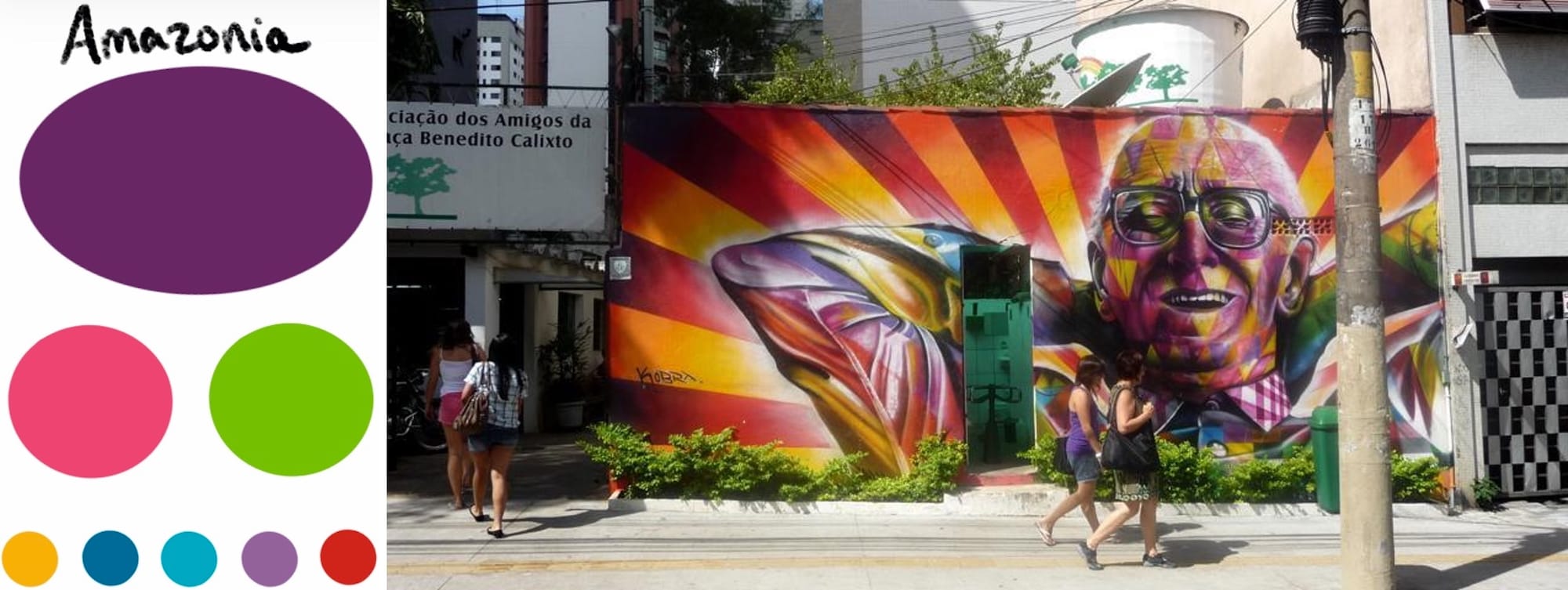 Color palette that features purple as its main color, with pink and light green being secondary; the street art shows a man in funky colors with his hands clasped behind his head