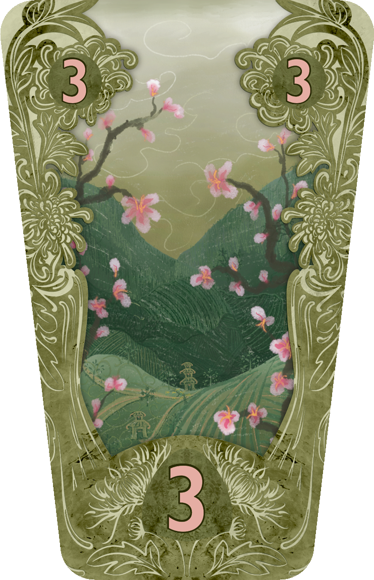 Card #3, with the bottom and sides decorated with grayish-green nature elements on a darker green, with cherry blossoms in front of hills in the center of the card