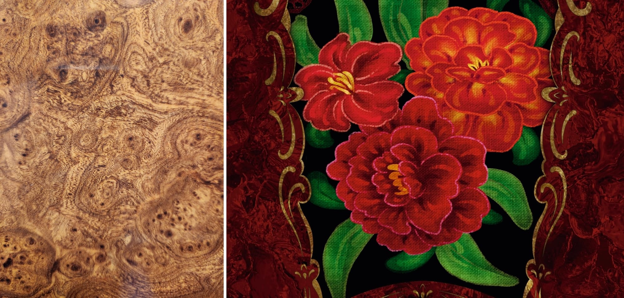 On the left, a swirling woodgrain; on the right, a close-up of card art, with this woodgrain pattern used in the dark red frame to give it texture