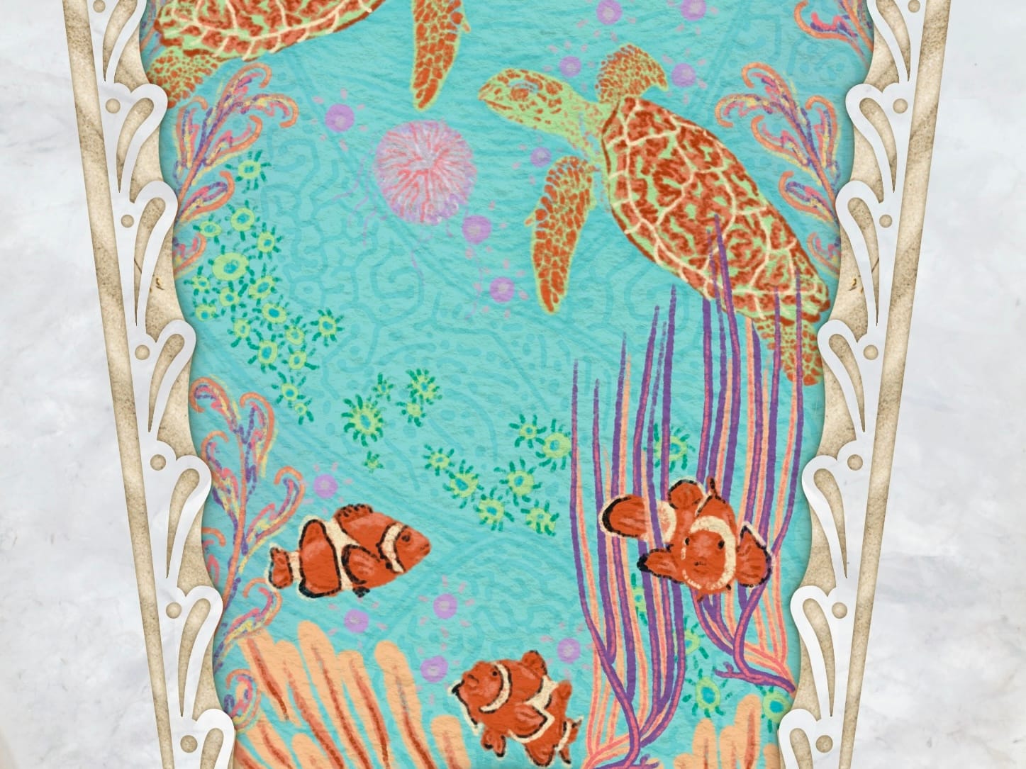 A detail of card #1, Oceania, with clownfish and sea turtles swimming through coral in the ocean