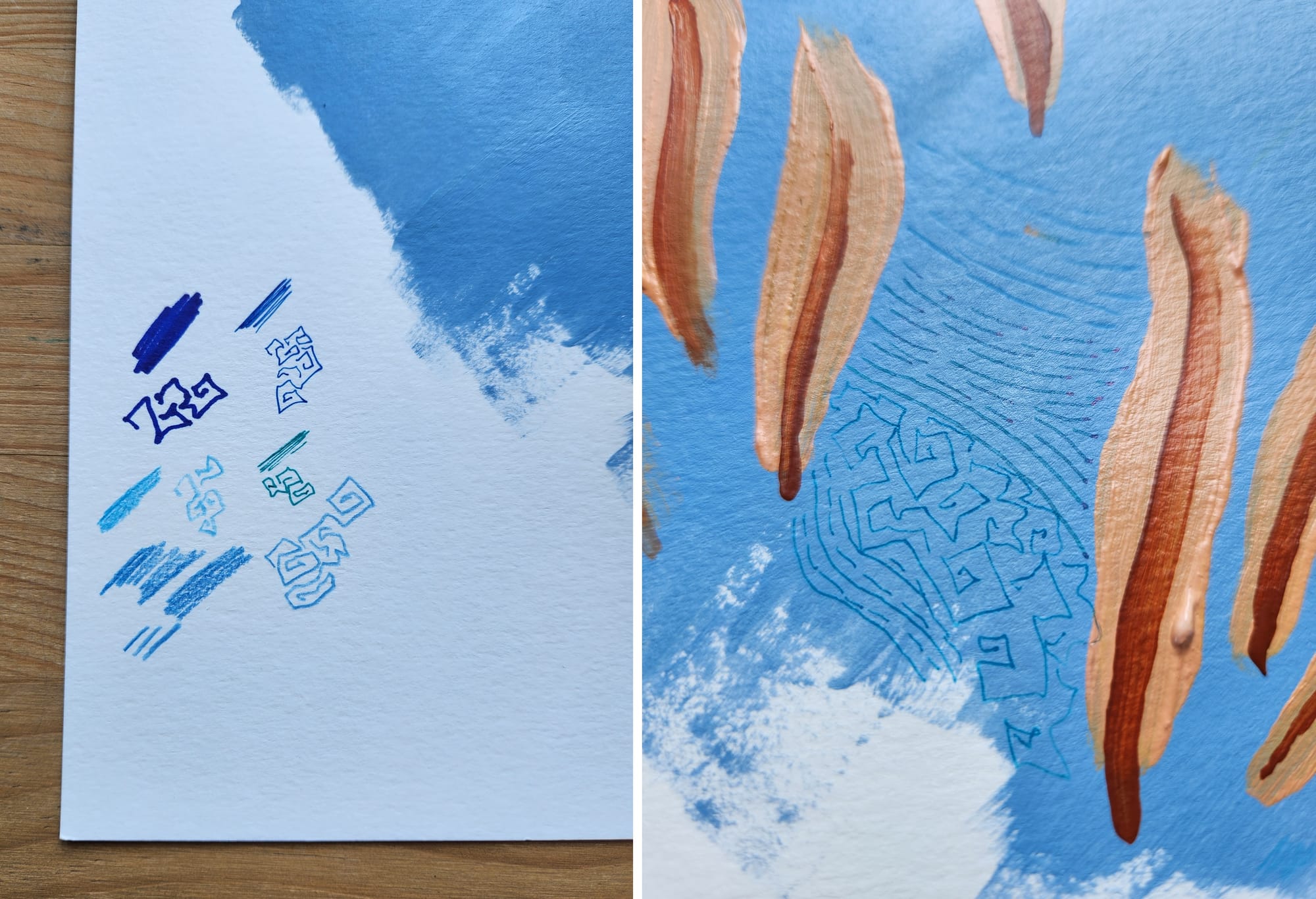 On the left, graffiti-style pen marks in different shades of blue; on the right, those same pen marks on a painted blue background