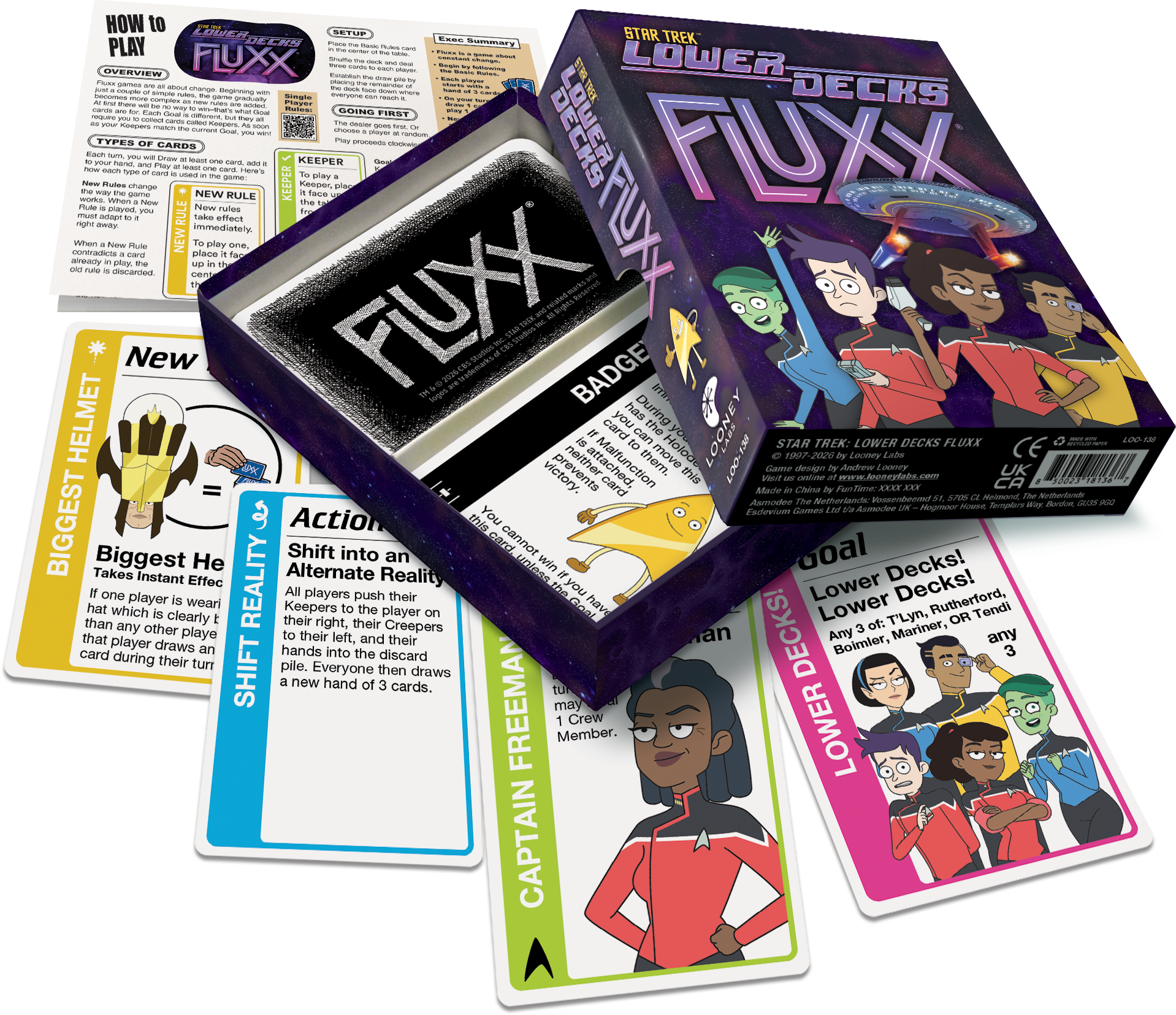 Box for and sample cards in Star Trek Lower Decks Fluxx