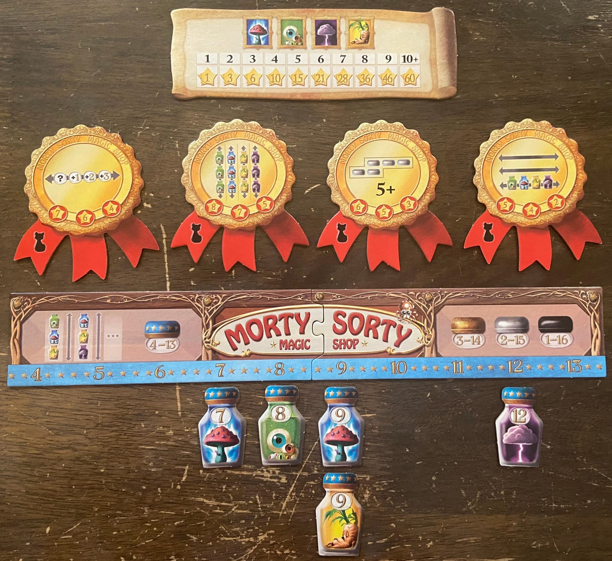 Game components: a scoring chart showing how many points you receive for X bottles of a type, different badges with scoring conditions, and a selection of blue-capped bonus bottles