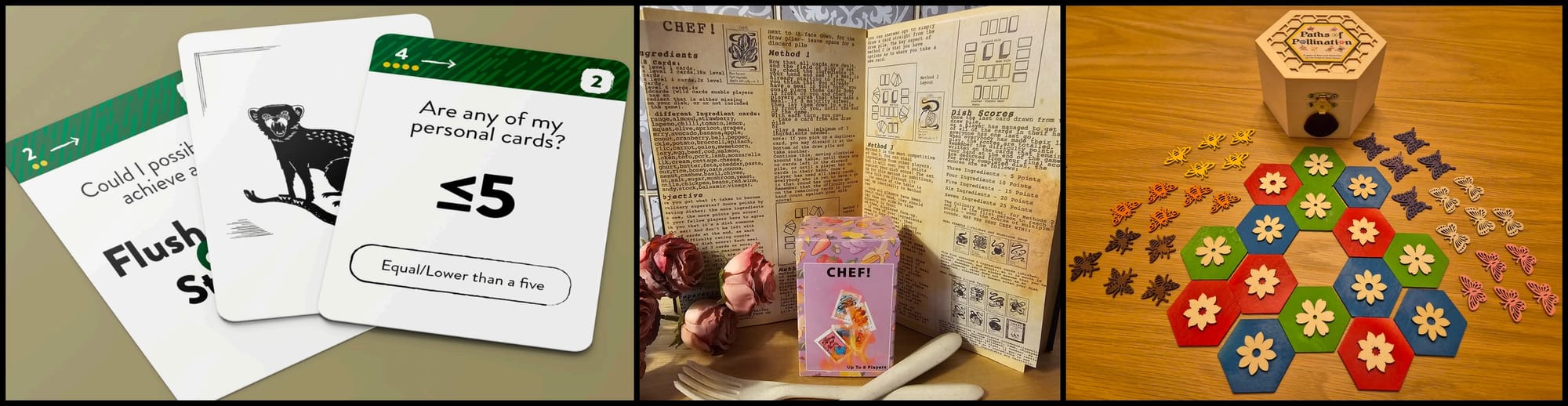 From left: Cards from Mongoose Poker, CHEF!, and Paths of Pollination