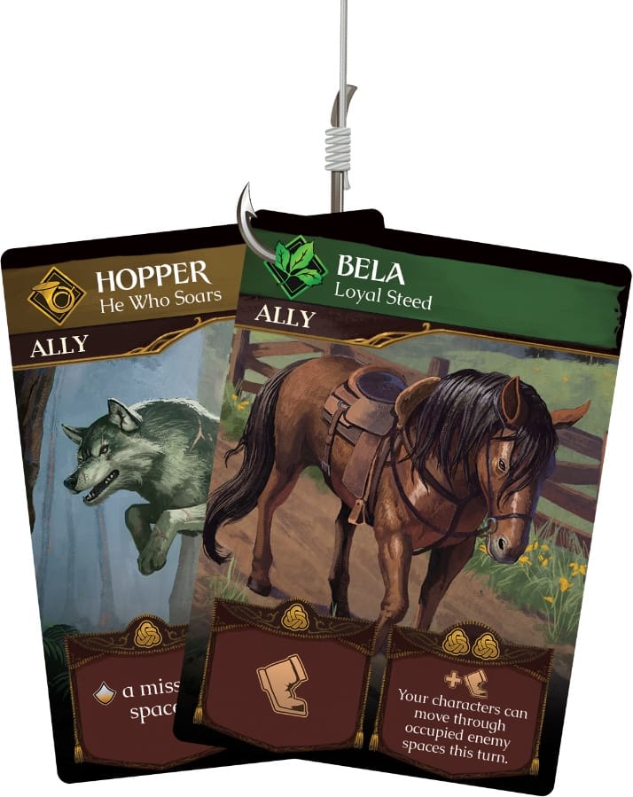 Promotional cards for War of the Dragon featuring Hopper and Bela dangling from a fish hook