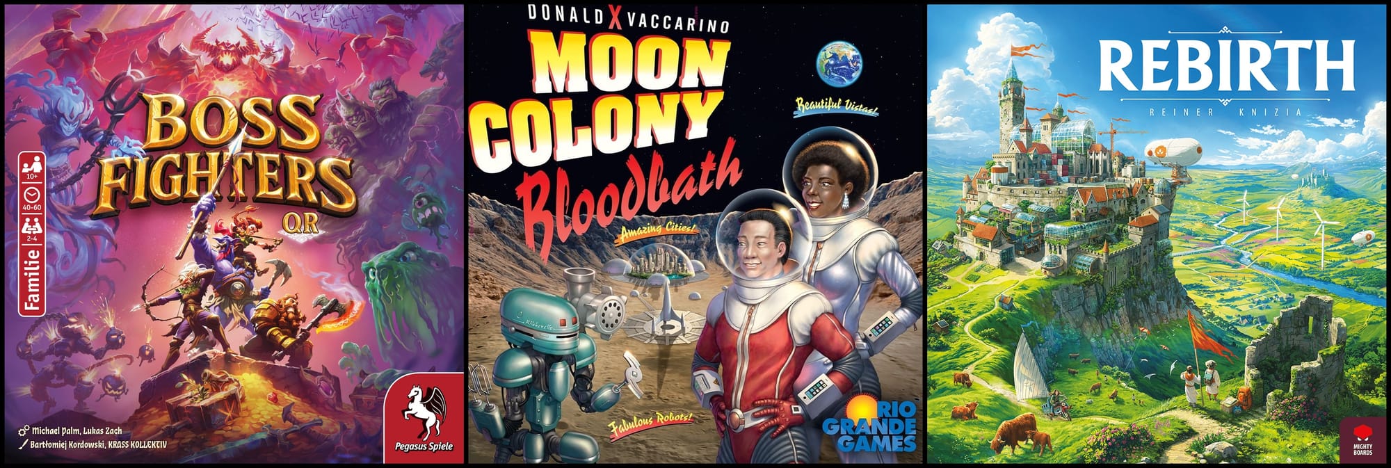 Front covers of Boss Fighters QR, Moon Colony Bloodbath, and Rebirth
