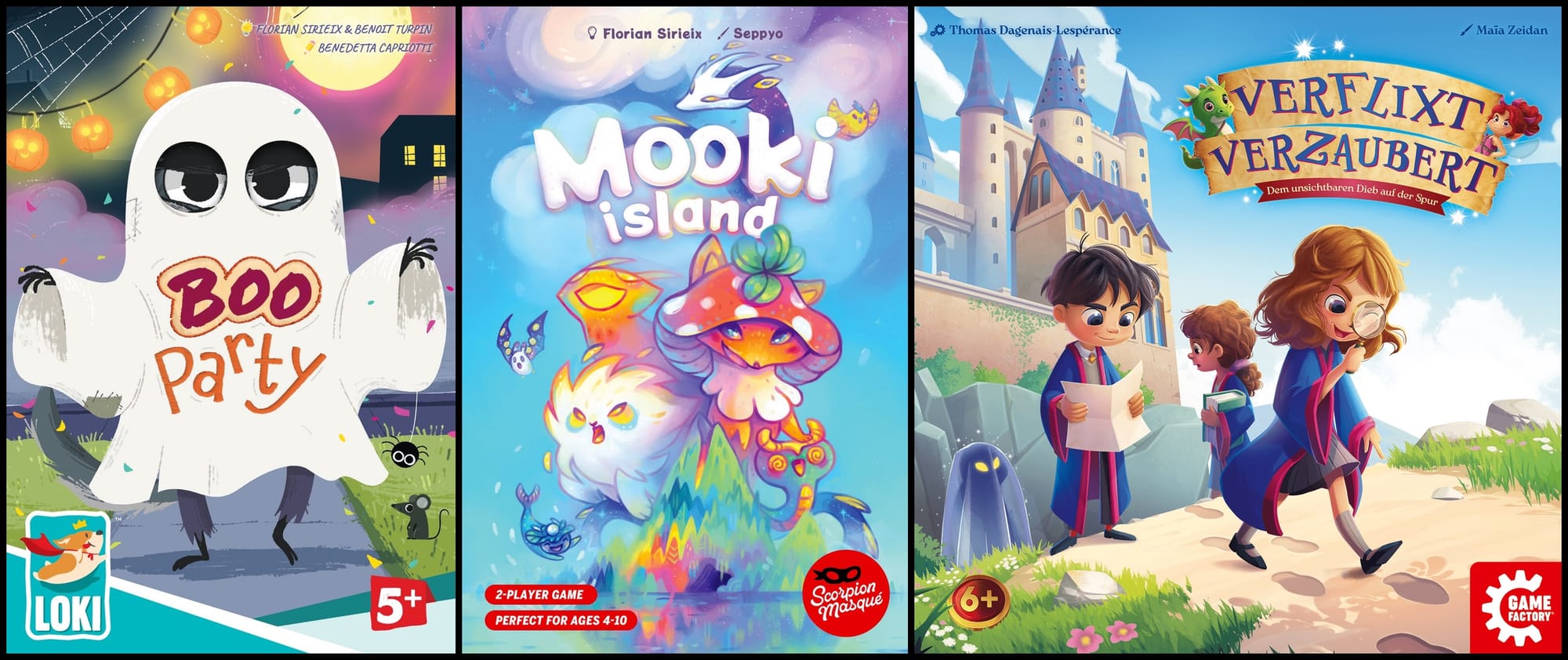 Front covers of Boo Party, Mooki Island, and Verflixt Verzaubert