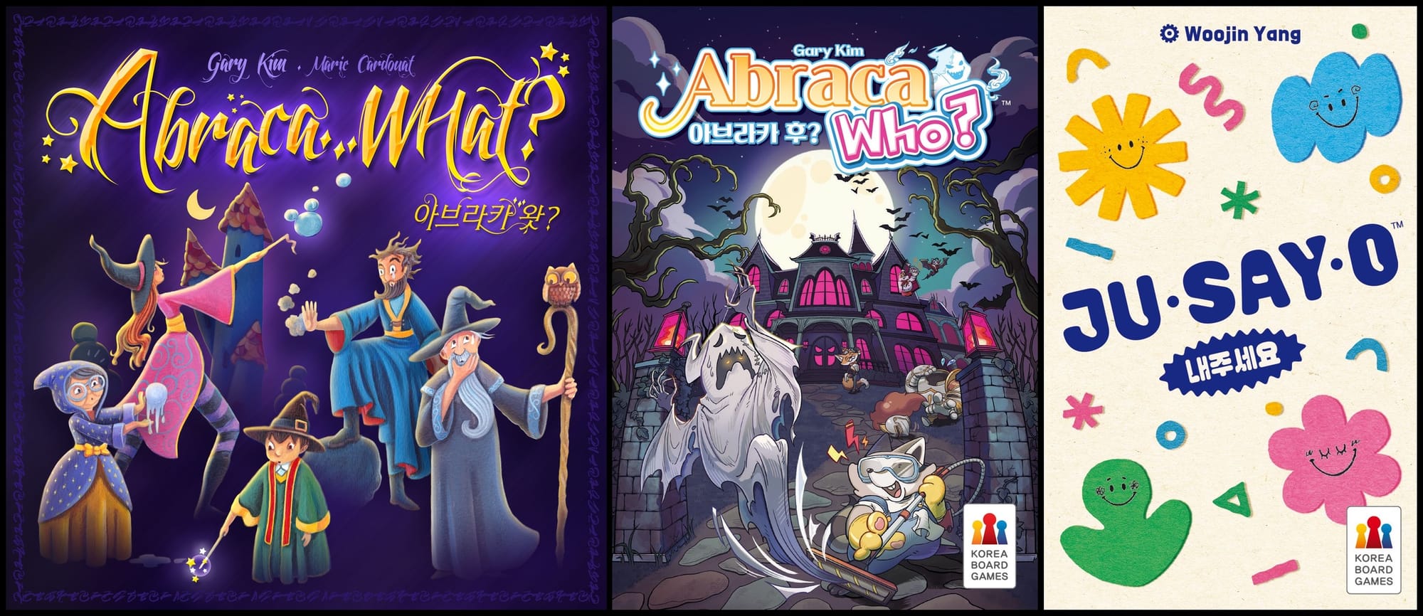 Front covers of Abraca... What?, Abraca Who?, and Jusayo