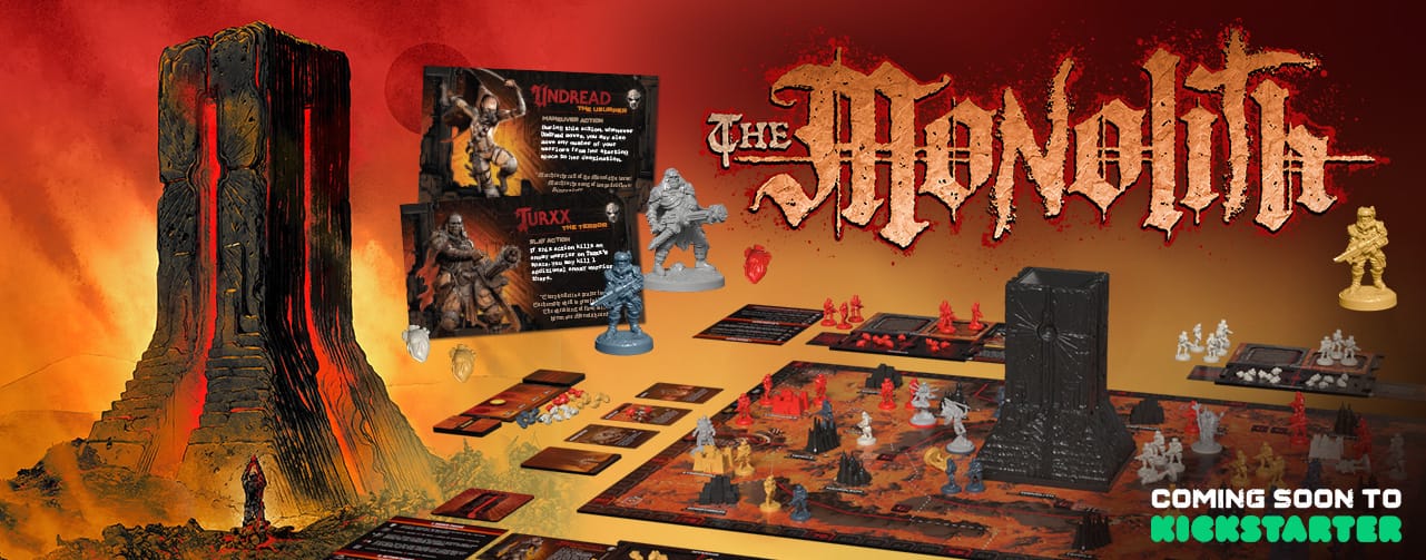 The image shows a monolith on the left, with a human figure raising its hands seemingly in prayer; on the right you have a game board covered with plastic miniatures and a giant monolith