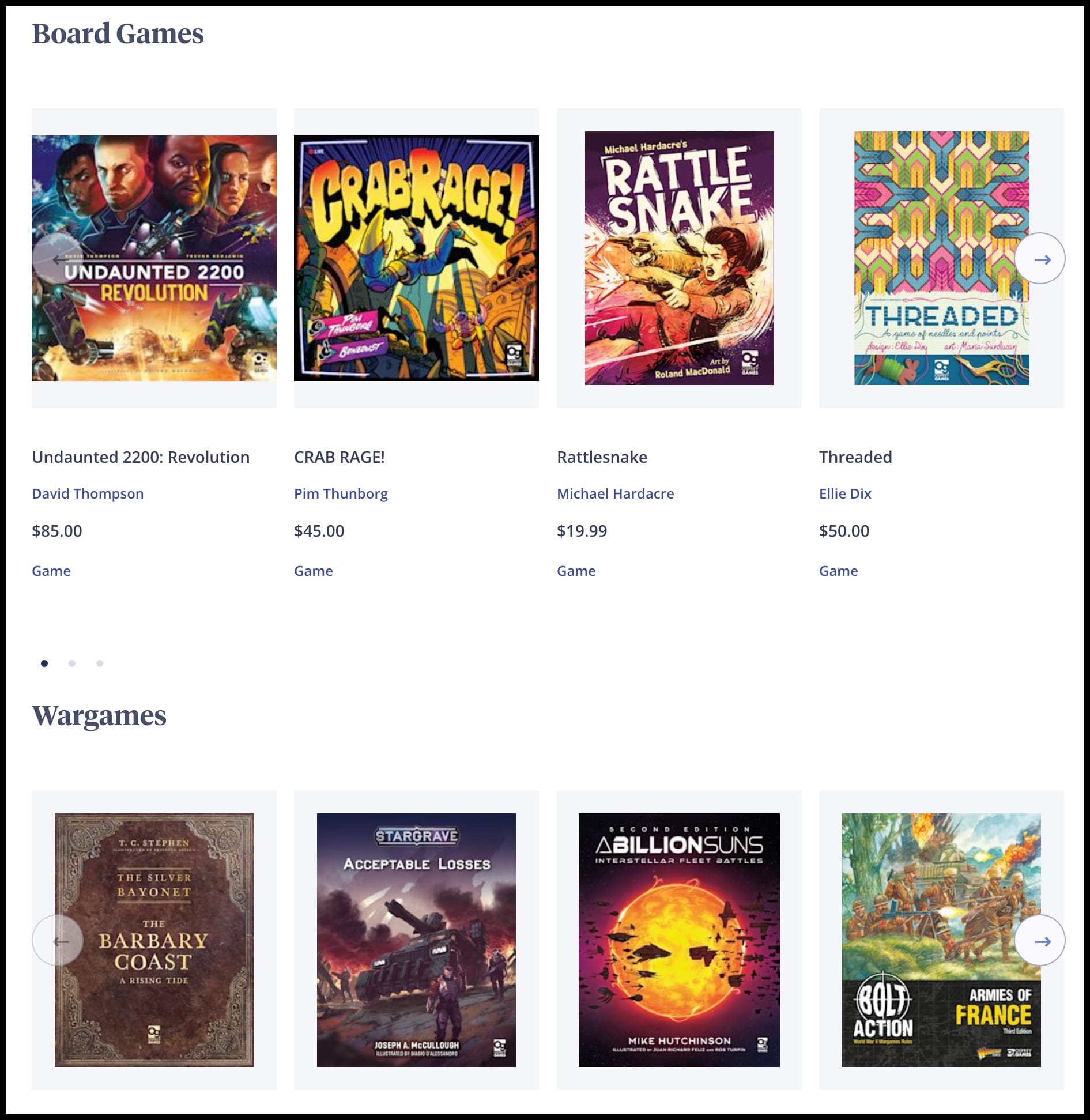 A screenshot of titles listed on the Osprey Games website under the "board games" and "wargames" categories