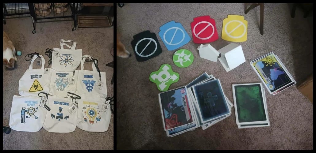 Accessories for the giant Pandemic set: canvas bags and a name placard for each role, along with cards, infection markers, cure tokens, and 3D research stations