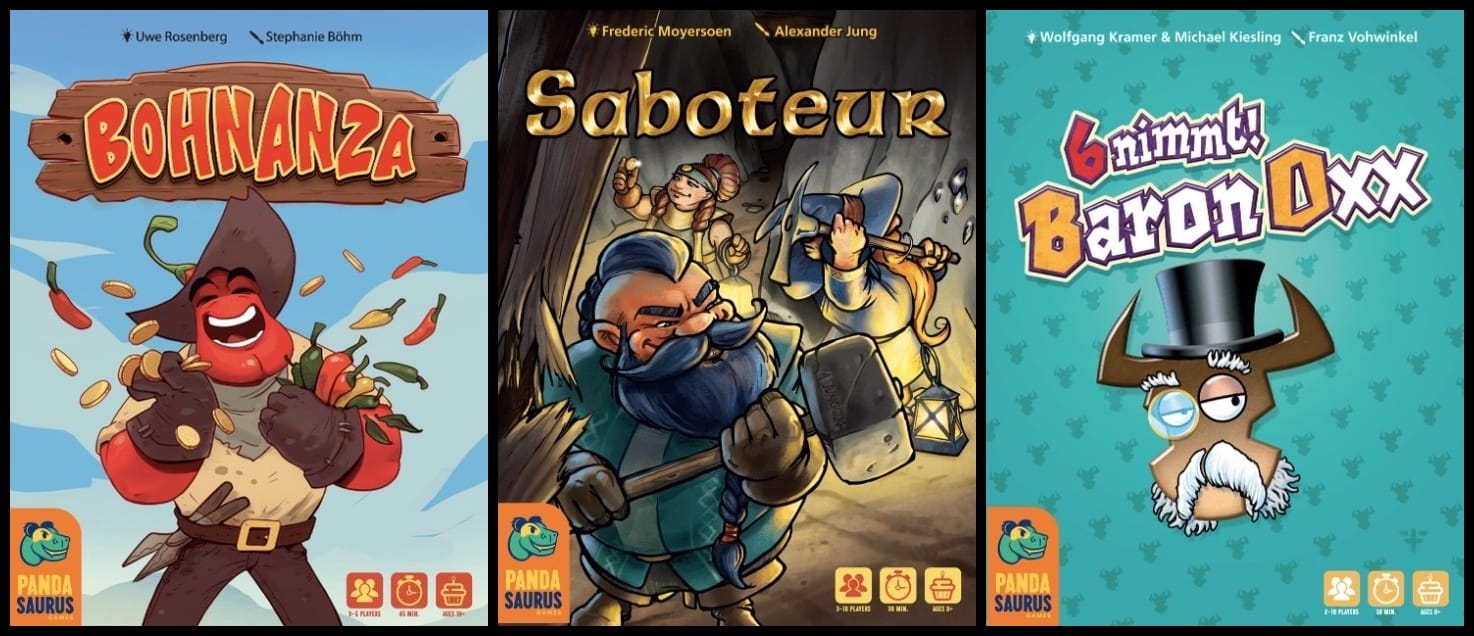 Front covers of the Pandasaurus editions of Bohnanza, Saboteur, and 6 nimmt! Baron Oxx