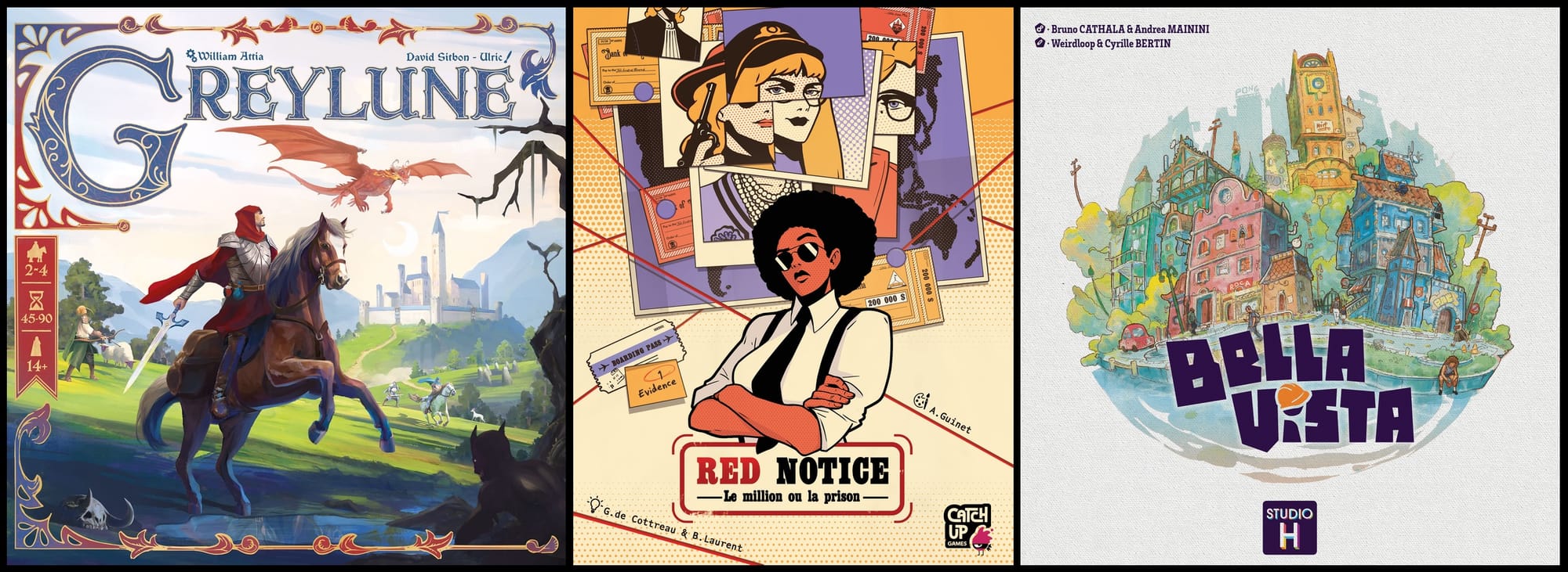 Front covers of Greylune, Red Notice, and Bella Vista from the original French publishers