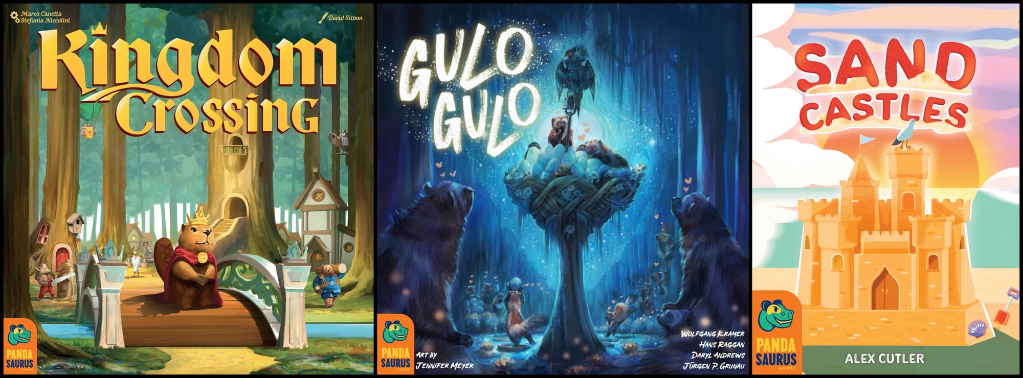 Front covers of Kingdom Crossing, Gulo Gulo, and Sandcastles