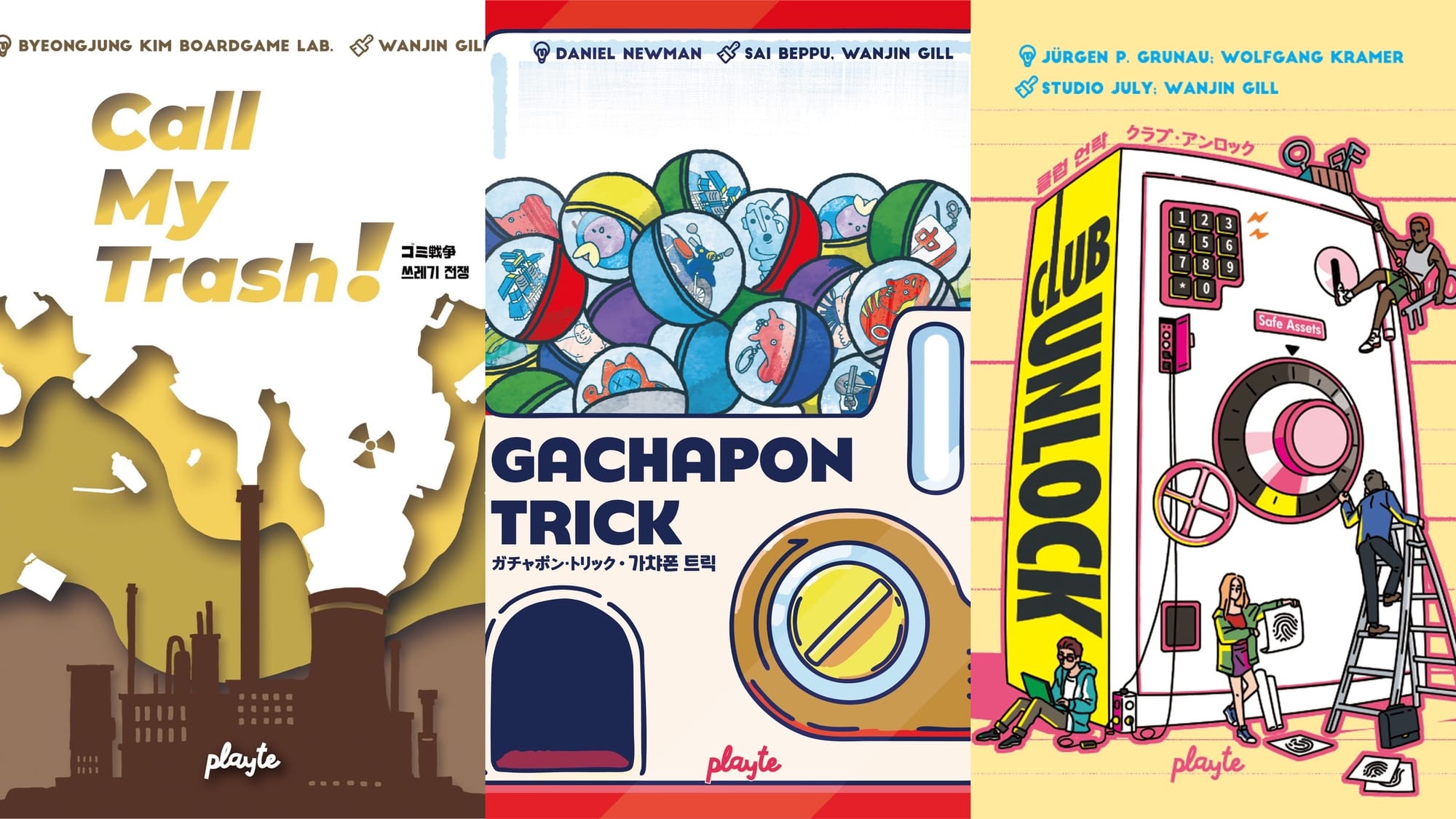 Front covers of Call My Trash!, Gachapon Trick, and Club Unlock