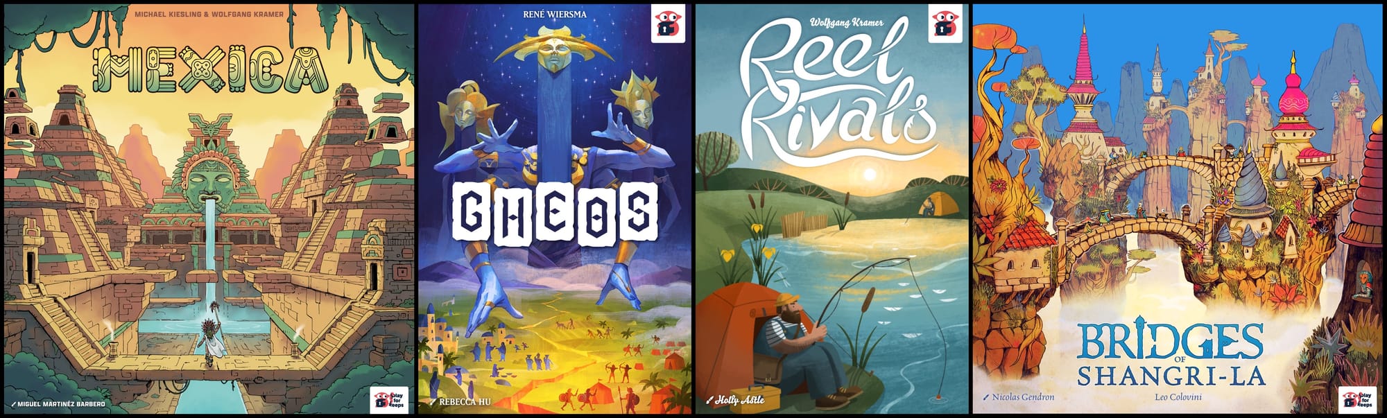 Front covers of Mexica, Gheos, Reel Rivals, and Bridges of Shangri-La