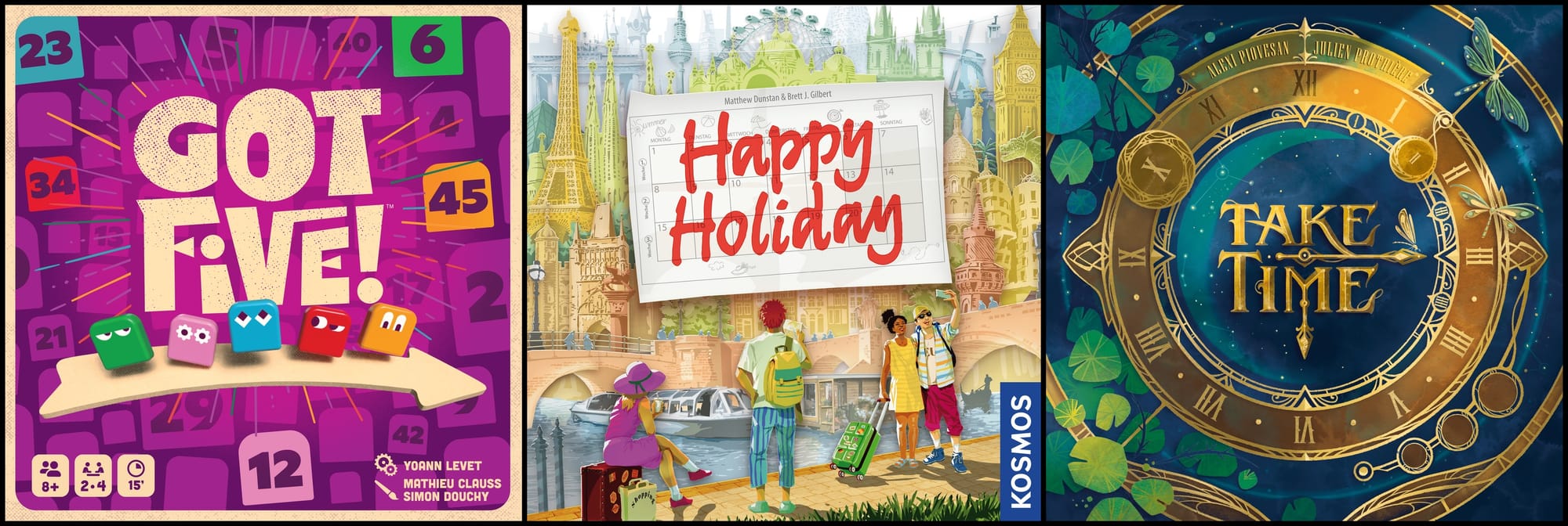 Front covers of Got Five!, Happy Holiday, and Take Time
