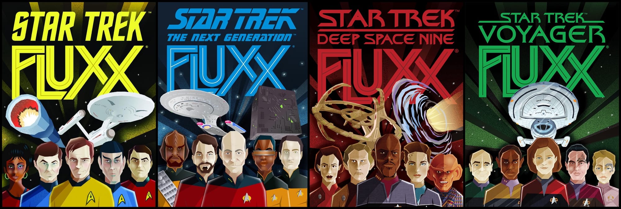 Front covers of Star Trek Fluxx, Star Trek: The Next Generation Fluxx, Star Trek: Deep Space Nine Fluxx, and Star Trek: Voyager Fluxx